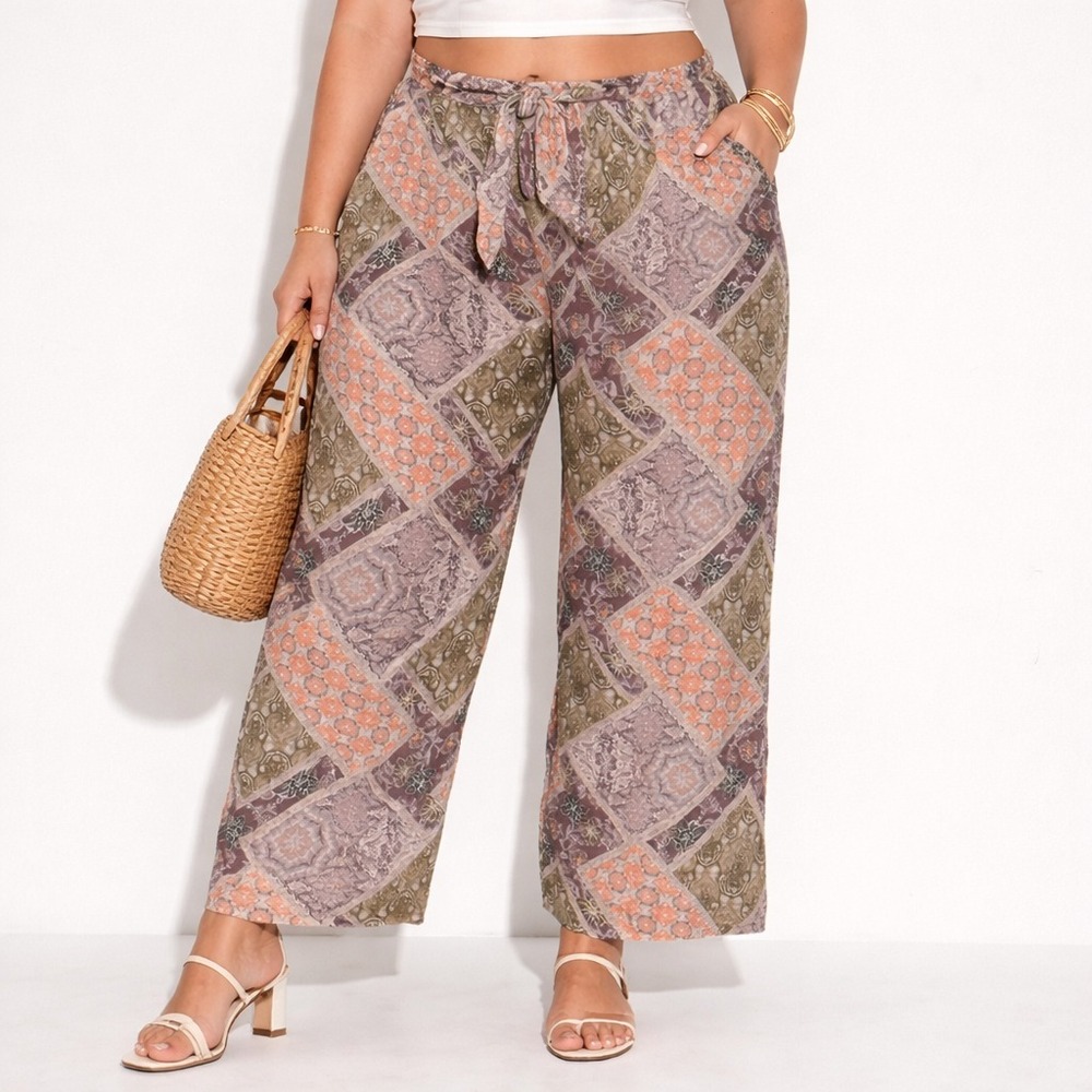 Easel Los Angeles Wide Leg Pants Women's Large Patchwork Print Tie Waist‎
